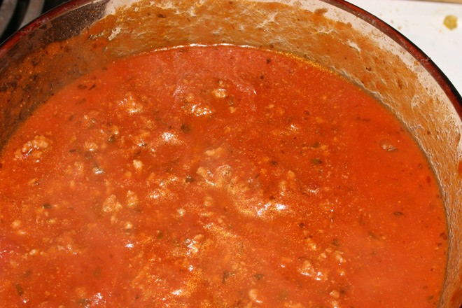A pan with bolognese sauce.
