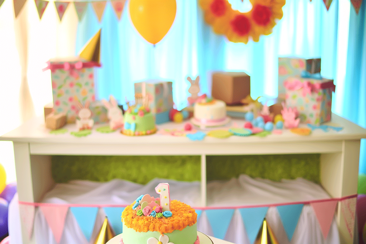 A beautifully arranged first birthday party with a delightful smash cake.