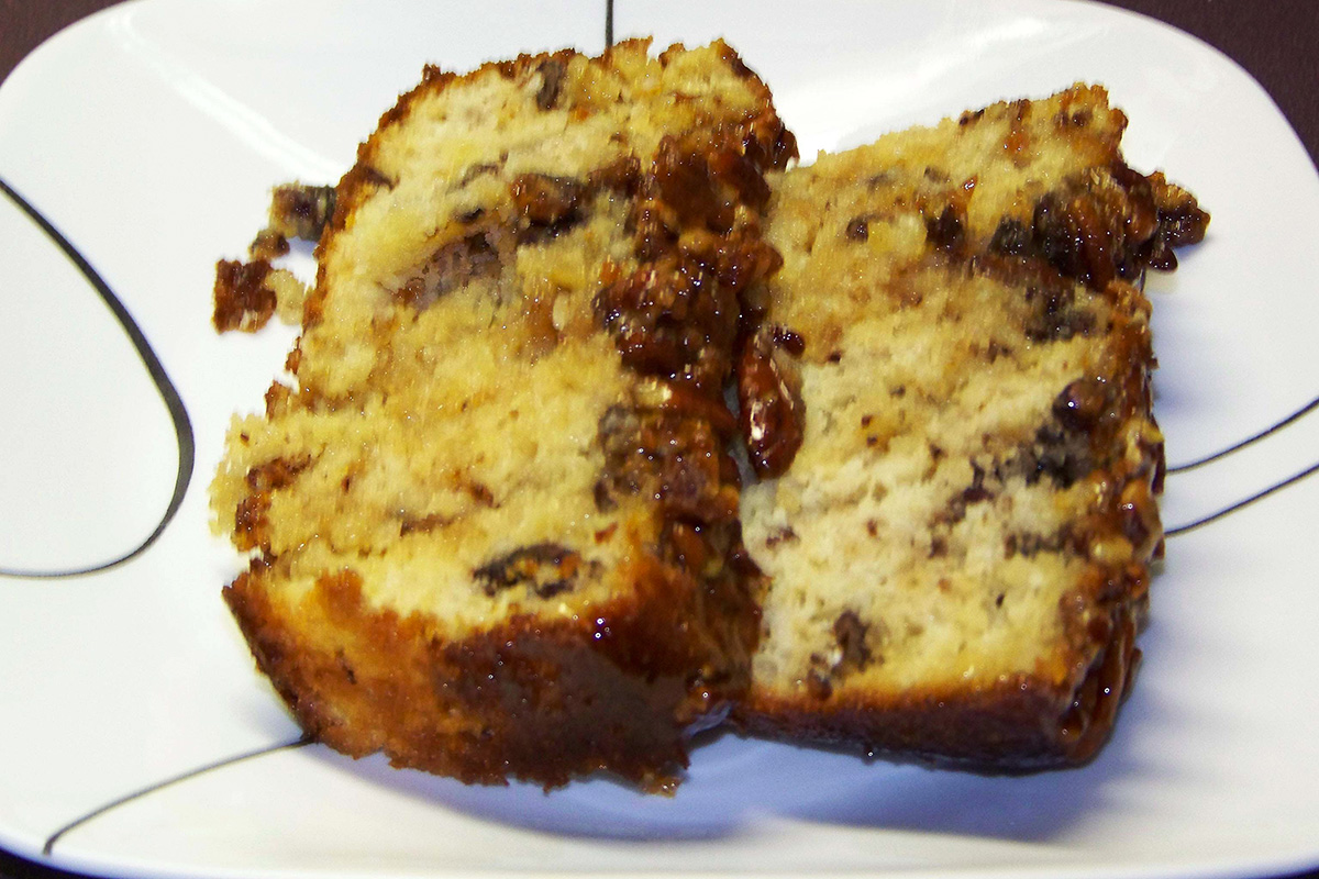 Two slices of apple praline bread