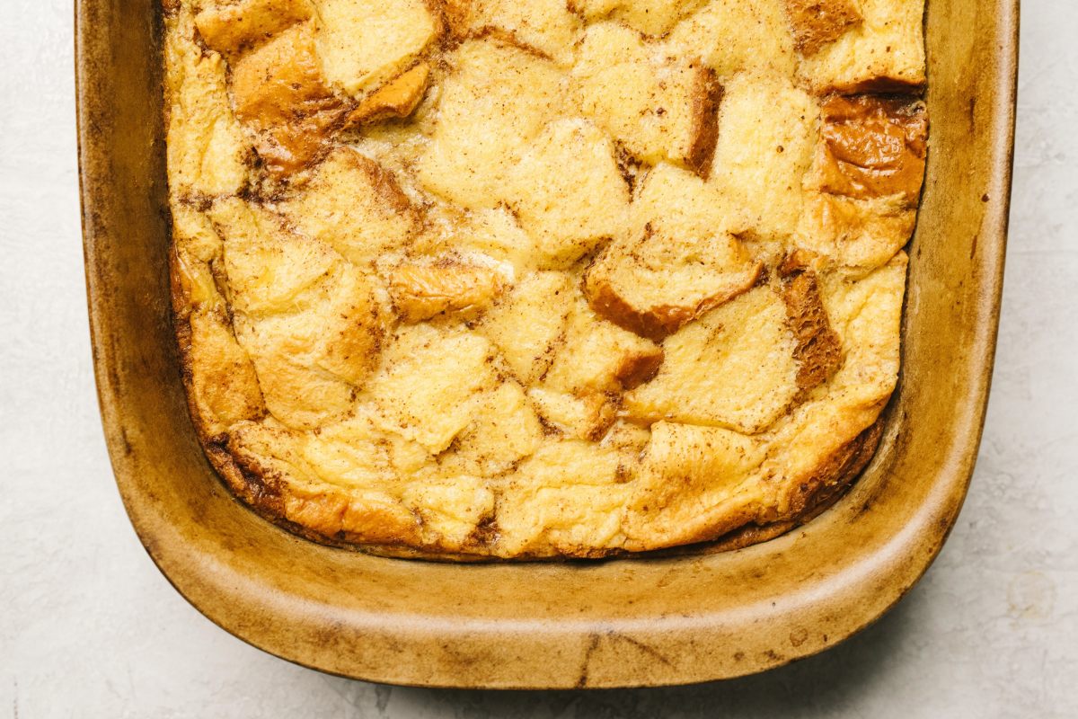 Cropped overhead of a French toast casserole, French toast cooked in bulk in the oven.