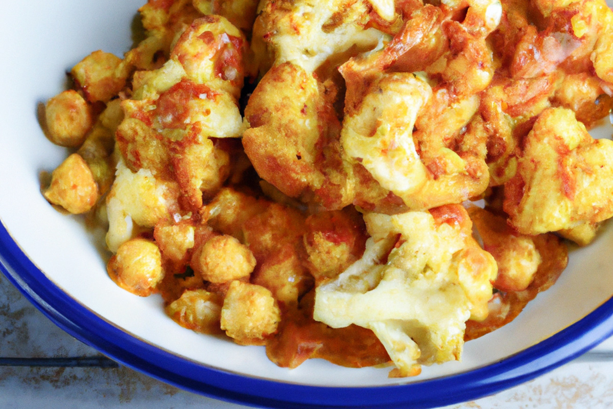 A bowl of cauliflower tikka masala with chickpeas, generative AI.