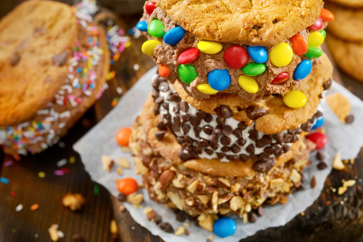 Ice cram sandwiches with different decorations.