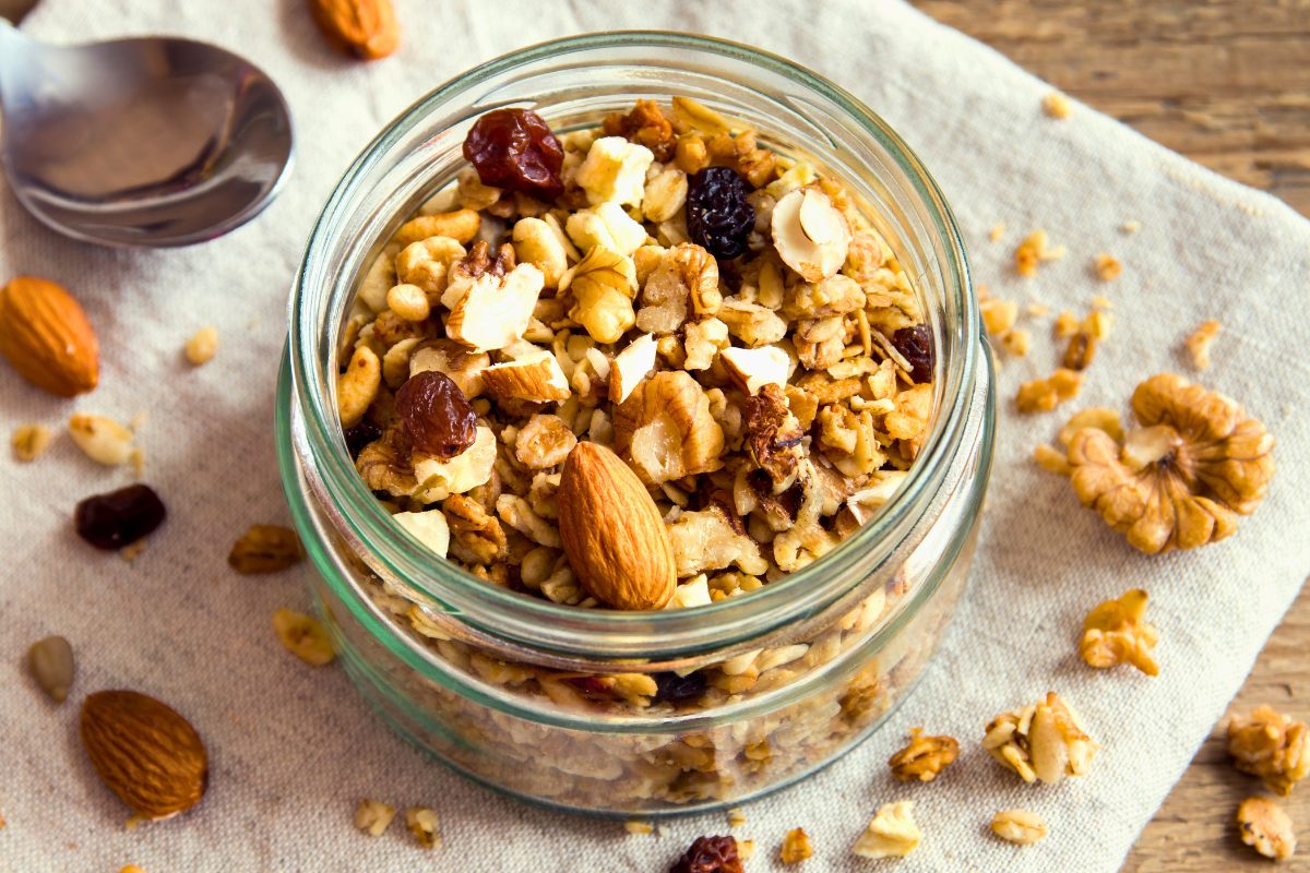 A jar with homemade granola.