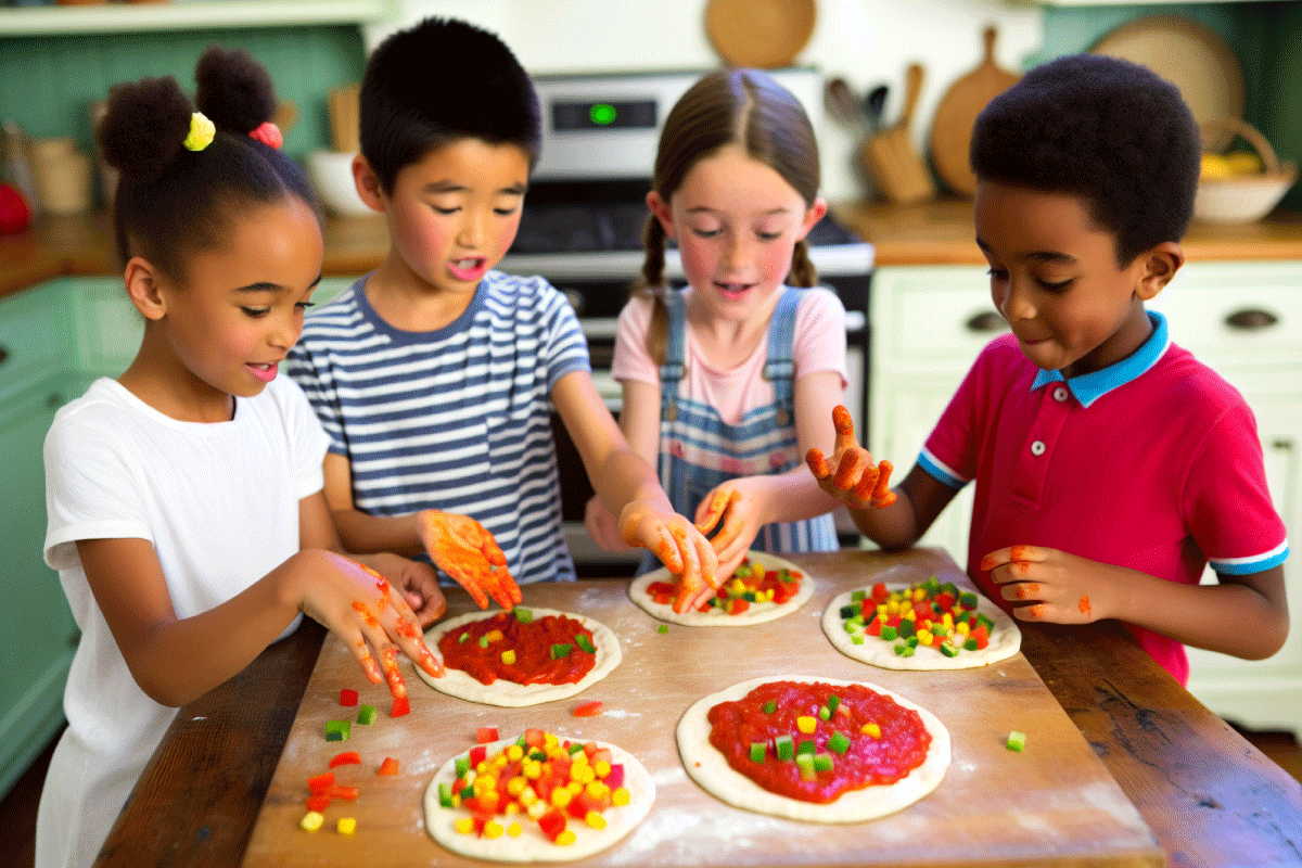 Kids preparing rainbow veggie pizzas.