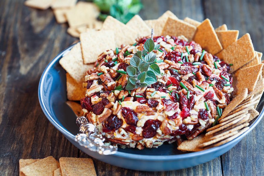 Cranberry and cram cheese spread with dried cranberries and pecan nuts.
