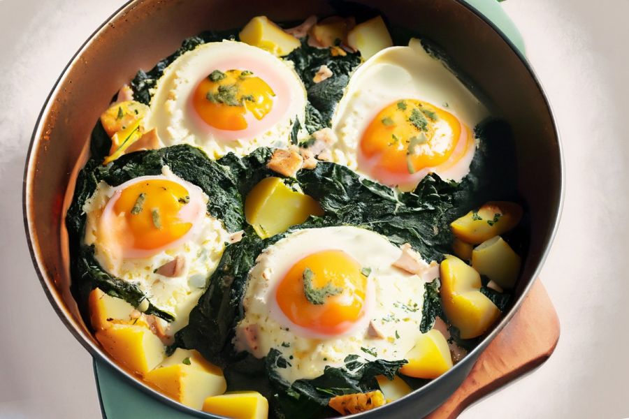 Nestled eggs in a Ducth oven, digital art generative AI.