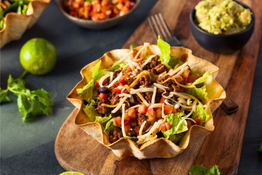 Taco salad in a tortilla bowl.