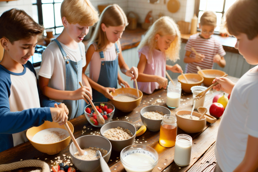 Kids preparing wholesome morning oats.