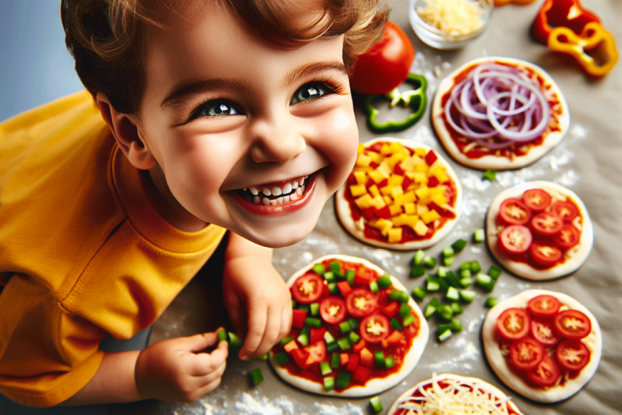 Preschooler assembling mini pizzas with colorful toppings.