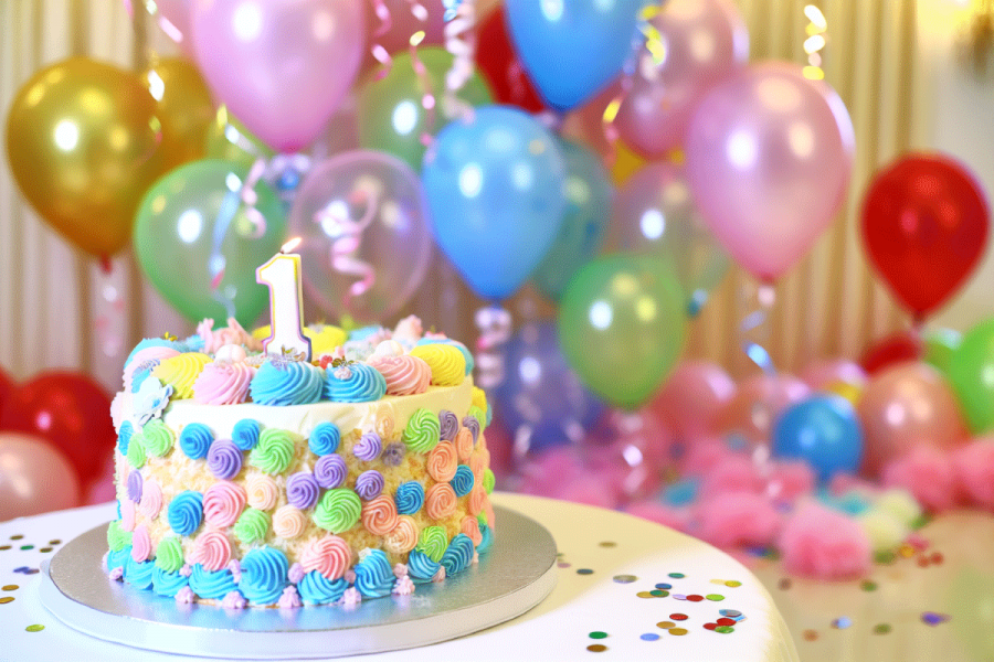 A delightful 1 year birthday cake surrounded by colorful decorations.