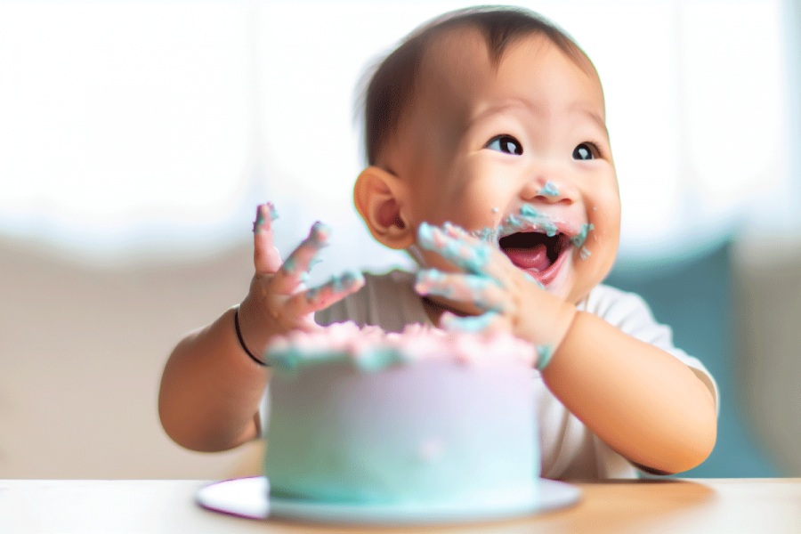 A cute baby enjoying a smash cake.