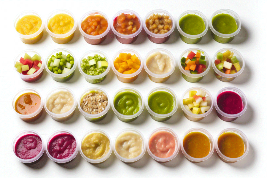 Colorful array of baby food in small containers, representing sample meal plans for 6-month-old babies.