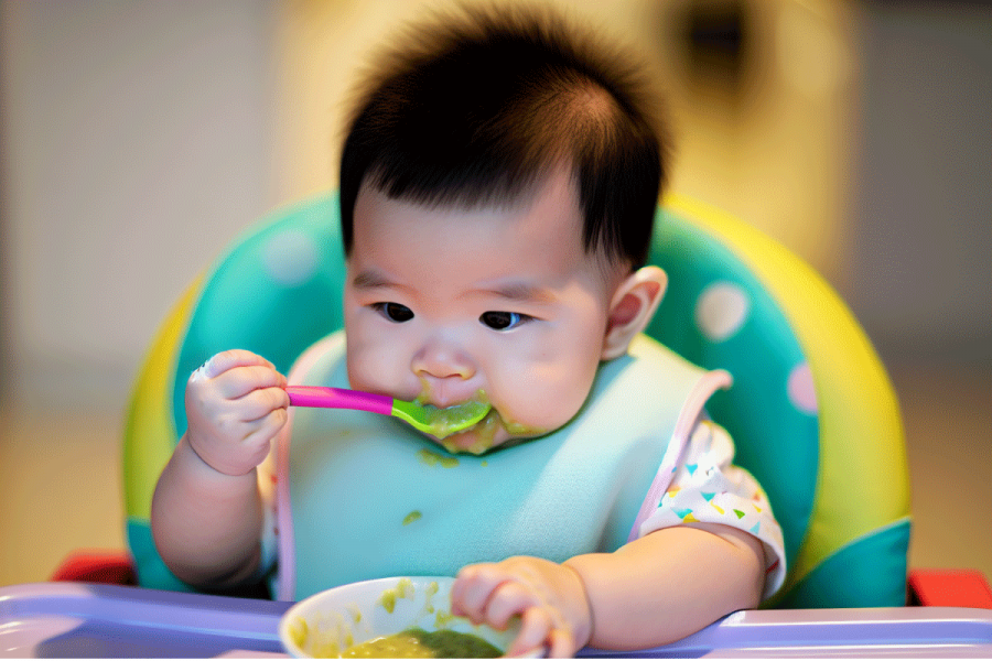 A 6-month-old baby holding a spoon and attempting to self-feed.