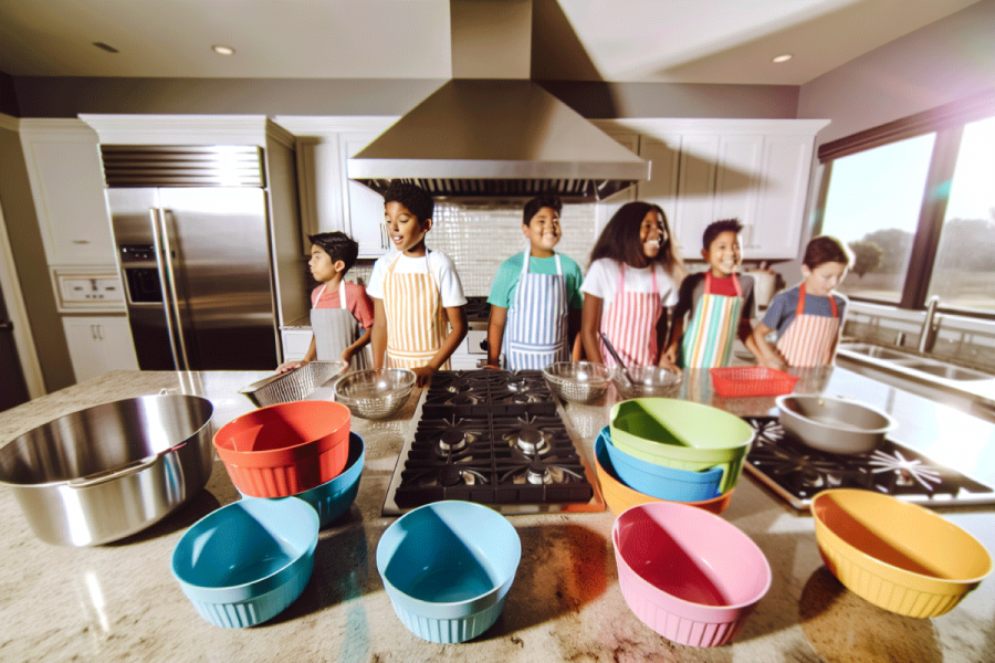 Colorful mixing bowls and baking pans for kids.