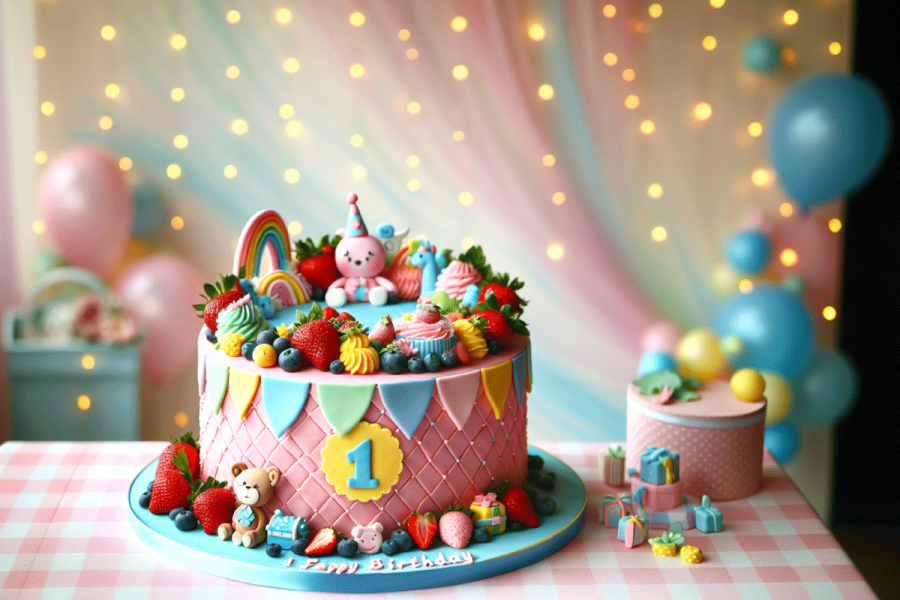 A colorful and whimsical decorations for a baby's first birthday cake.