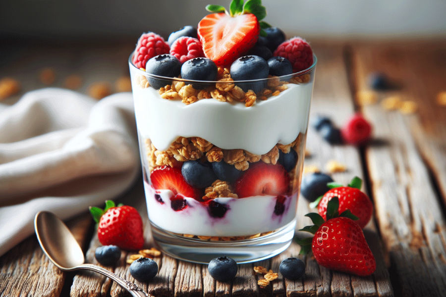 Greek yogurt parfait with fresh berries and granola.