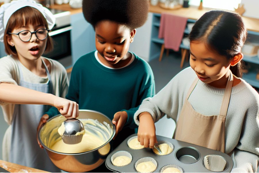 Children baking muffins in a muffin tin.