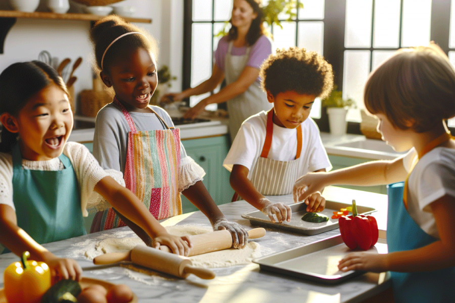 Younger and older kids cooking together.