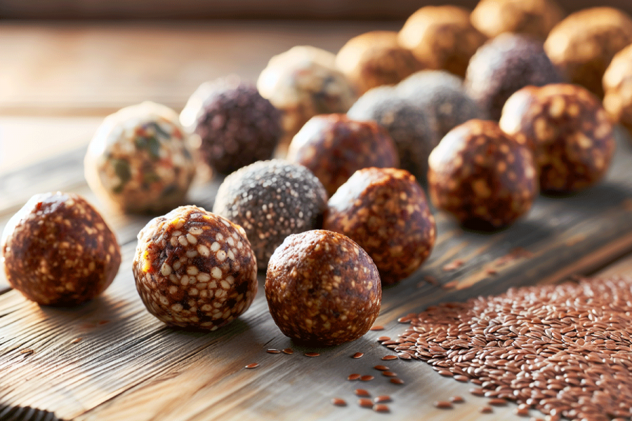 No-bake energy balls with various nut butters and seeds.