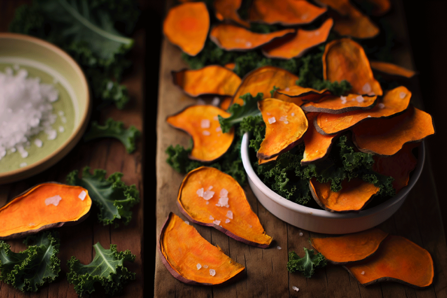 Homemade sweet potato and kale chips.