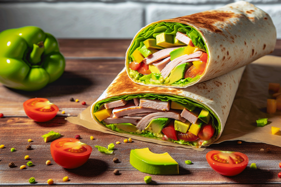 Wholesome wrap with lean turkey and fresh vegetables.
